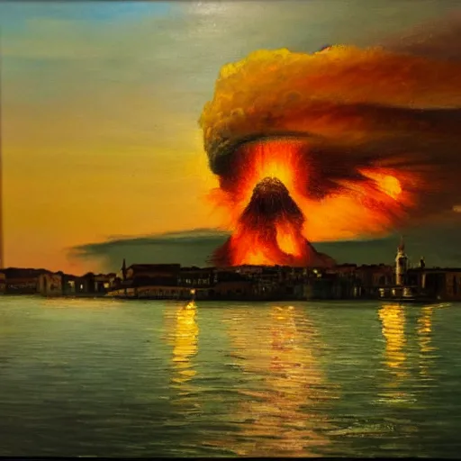 Image similar to an oil painting of a nuclear explosion in venice