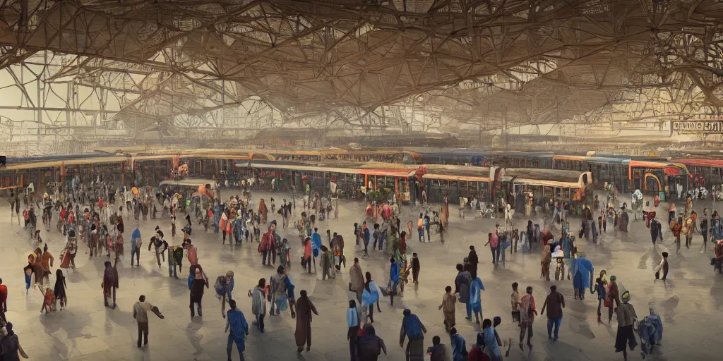 Image similar to cinematic movie scene, establishing shot, precise architectural rendering, interior of an india railway station, bustling with people, detailed illustration, sharp focus, concept art, unreal engine, octane render, aesthetic