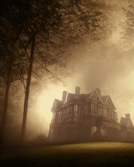 Prompt: a wide angle low photo of a colossal haunted victorian mansion on the edge of a cliff above a misty forest at night, volumetric light, epic proportions, ectoplasm, mystical, occult, alchemy, ultra detailed, 8 k