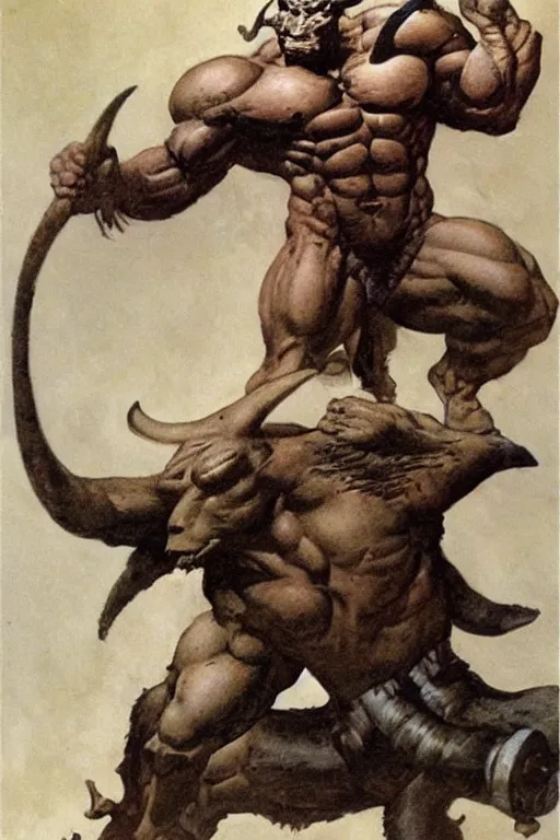 Prompt: a minotaur by frank frazetta.