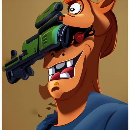 Image similar to scooby doo holding a gun, highly detailed portrait, digital painting, artstation, concept art, smooth, sharp foccus ilustration, Artstation HQ