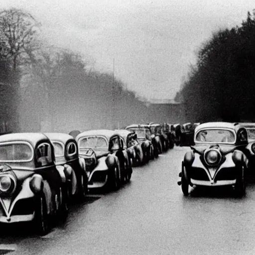 Prompt: In connection with the recent air-raid precautionary experiments in North Germany… motorists were required to join in the 'black out' at night. Headlights had to be covered with cloth hoods with small slits… Speeds of 15mph were not to be exceeded, 1937 photo