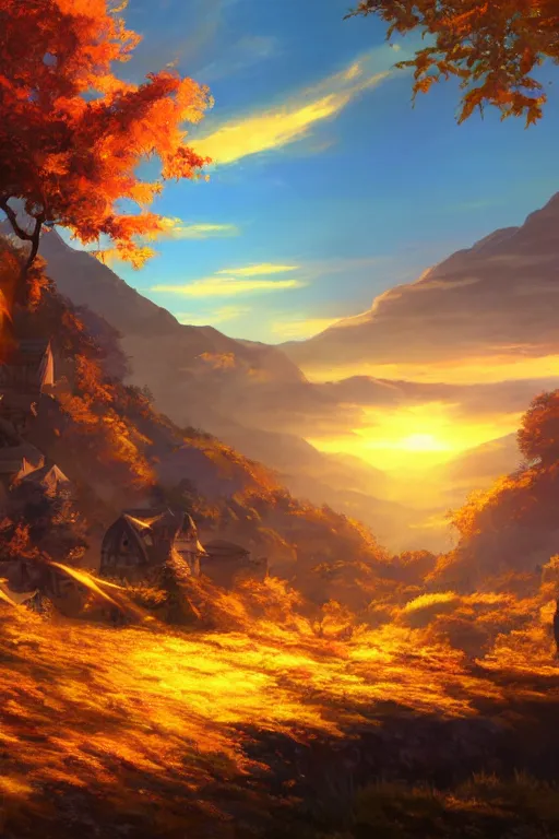 Image similar to fiery autumn twilight with the sun very close to the edge of the mountain, open - world aaa game, isekai fantasy light novel, screenshot