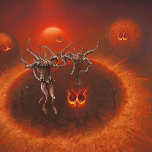 Image similar to two demons dance ballet in hell, surrounded by spheres!!!, beksinski, dariusz zawadzki, very coherent symmetrical artwork. cinematic, hyper realism, high detail, octane render, 8 k