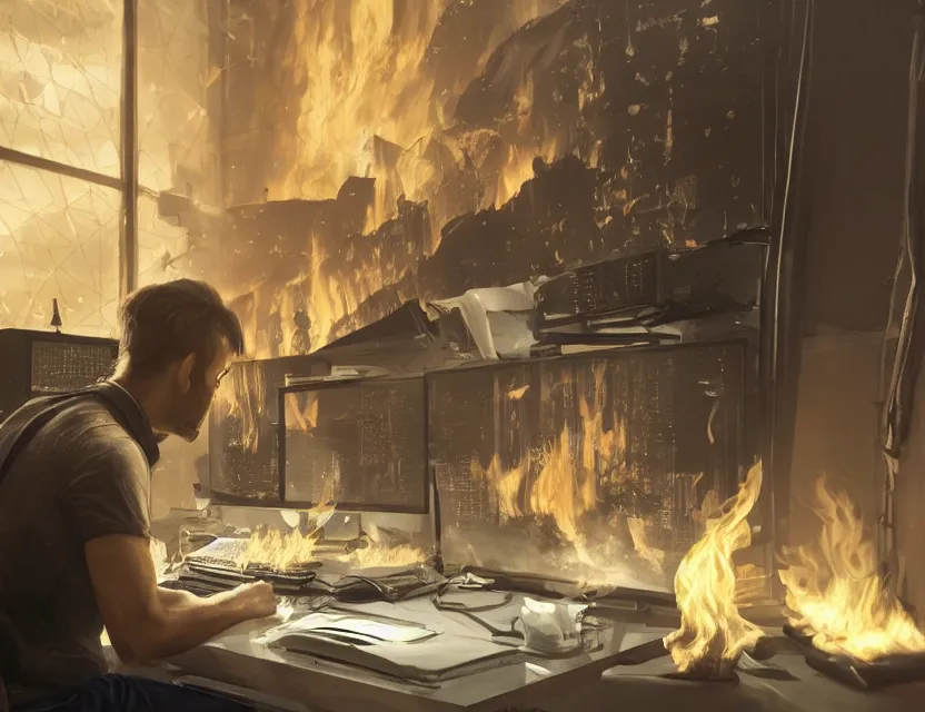 Image similar to a man sit at a workstation in a big office and looks at the burning fires, close up, featured in artstation, intricate, ultra detailed, unreal engine, concept art, wide - angle lens, sharp focus, illustration, 8 k