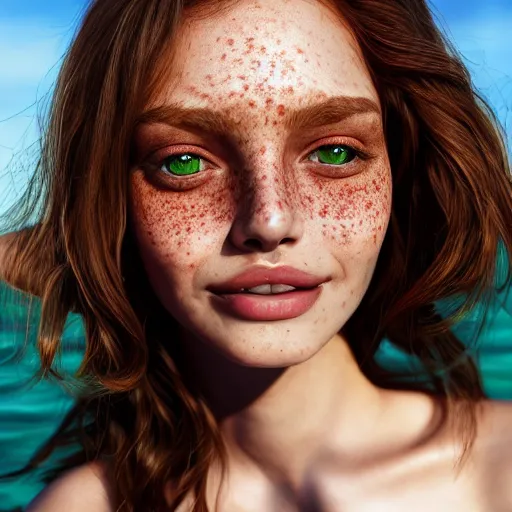 Image similar to portrait of a cute thin young woman, bronze brown hair, eye color is emerald green, red blush, cute freckles, smug smile, modern clothes, relaxing on the beach, golden hour, close up shot, 8 k, art by irakli nadar, hyperrealism, hyperdetailed, ultra realistic