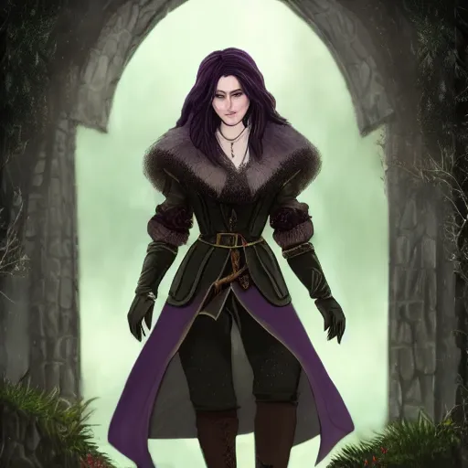 Image similar to yennefer from the netflix witcher as a medieval fantasy tolkien elf, dark purplish hair tucked behind ears, wearing a fur lined collar, wide face, muscular build, scar across the nose, cinematic, character art, 8 k detailed.