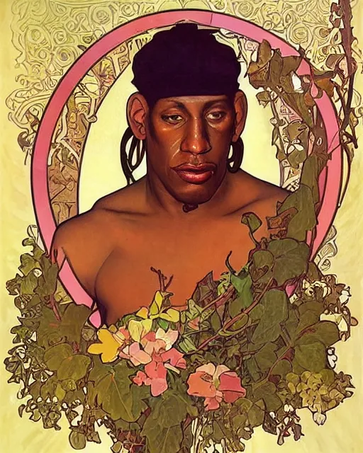 Image similar to a portrait painting of ( ( ( dennis rodman ) ) ) in the style of alphonse mucha!!!