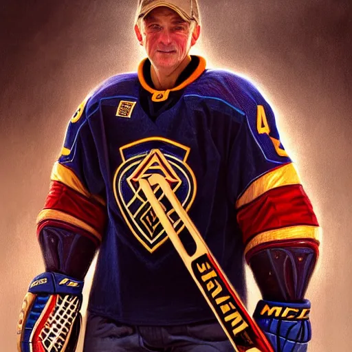 Prompt: beautiful portrait of hockey coach Malarchuk Clint, fantasy, intricate, elegant, highly detailed, digital painting, artstation, concept art, smooth, sharp focus, luxury fashion illustration, art by artgerm and greg rutkowski and alphonse mucha, brightly lit cinematic soft lighting, photorealistic