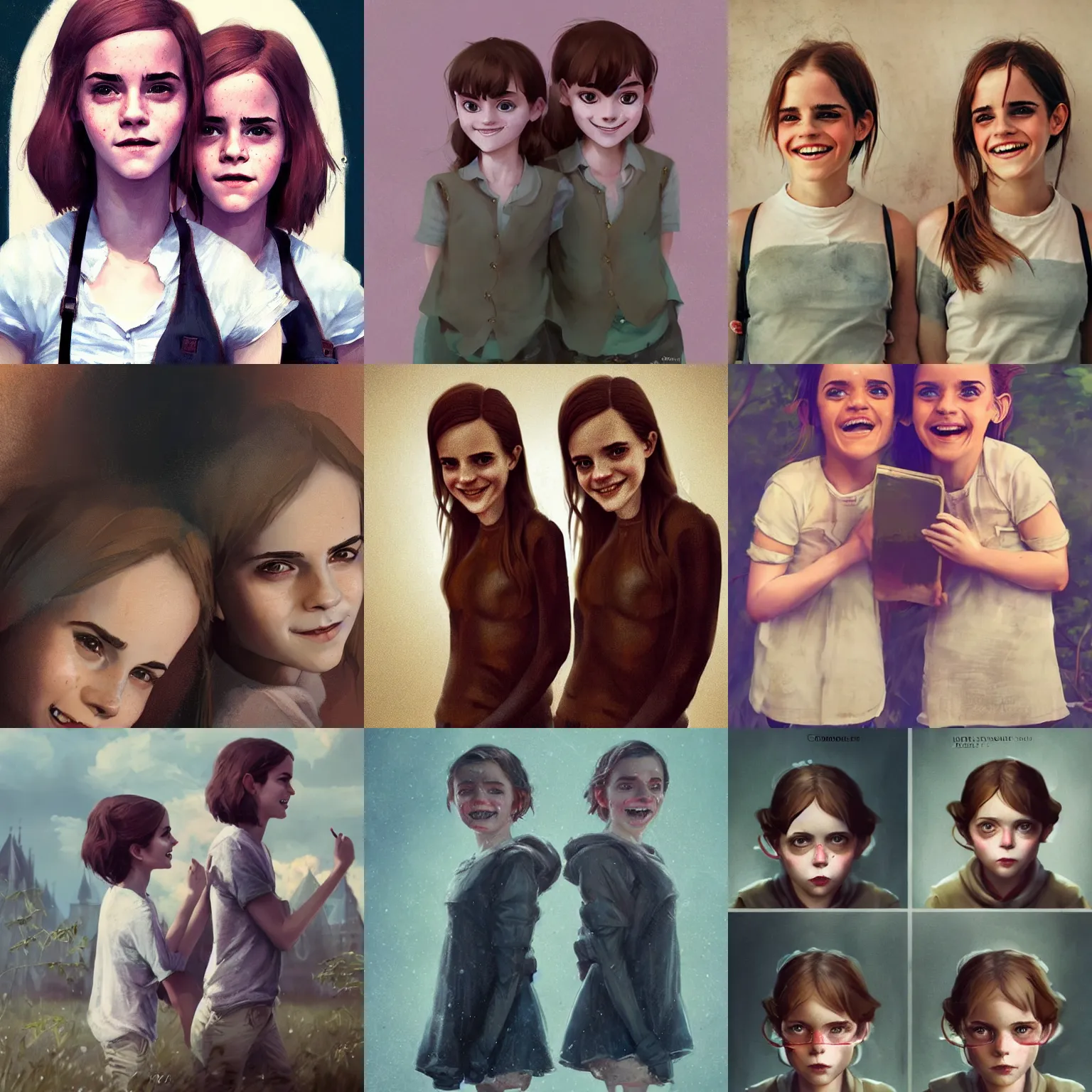 Prompt: emma watson identical twins smiling greg rutkowski lois van baarle canon eos r 3 david bailey david bailey