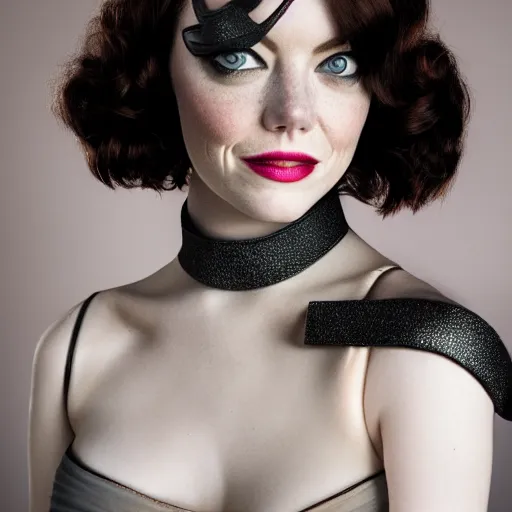 Image similar to Fully-clothed full-body portrait of Emma Stone as catwoman with eyes covered, XF IQ4, 50mm, F1.4, studio lighting, professional, 8K