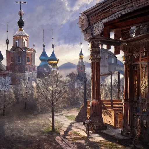 Image similar to photo ancient Slavic Russian city of Kitezh, concept art, painting by Viktor Vasnetsov, magical city, fantasy cityscape, ancient Slavs, wooden buildings, ancient Russian architecture, terem, hyperborea, top cinematic lighting , cinematic mood, very detailed, 8k, high resolution, trending on artstation, artstationHD,