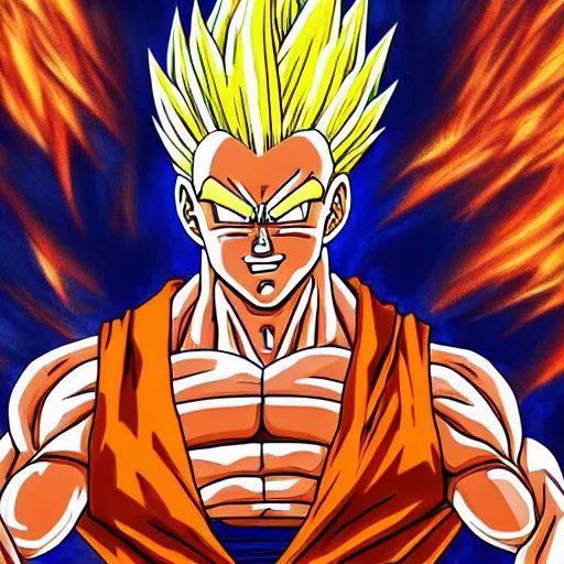 Image similar to ultra realistic portrait painting of joe biden as super saiyan goku, art by akira toriyama, 4 k, dragon ball artstyle, cel shaded, highly detailed, epic lighting