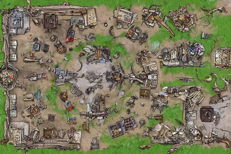 Image similar to dungeons and dragons battle map. old scrapyard. lots of junk and debris. high definition illustration. top down battle map.