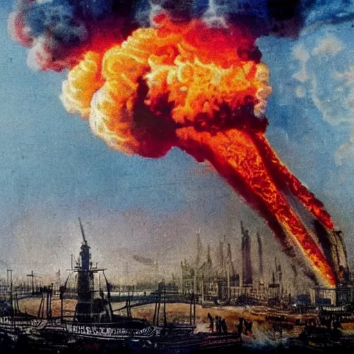 Image similar to the Hindenburg crashing in flames in colour on Victorian London