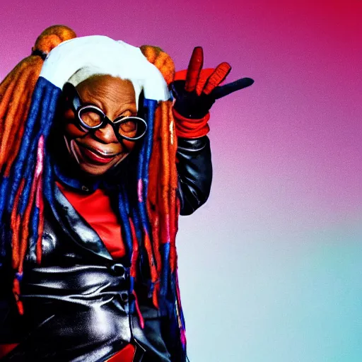 Image similar to Whoopi Goldberg as harley quinn, 8k, high definition, highly detailed