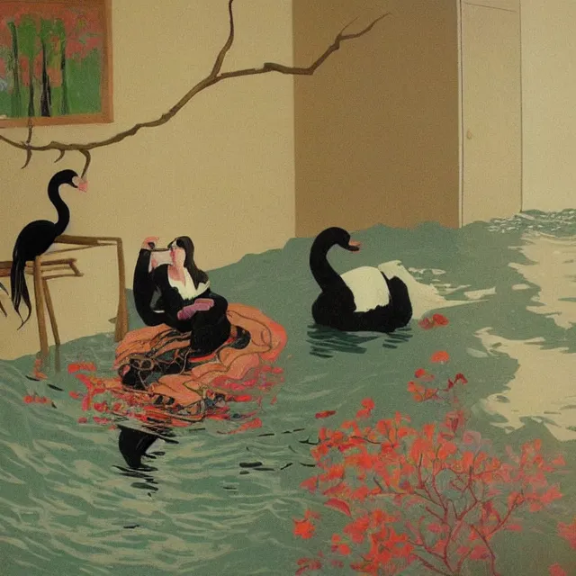 Image similar to tall female emo vegan socialist artist in their flooded apartment, painting of flood waters inside an artist's home, a river flooding indoors, pomegranates, pigs, ikebana, zen, water, octopus, river, rapids, waterfall, black swans, canoe, berries, acrylic on canvas, surrealist, by magritte and monet