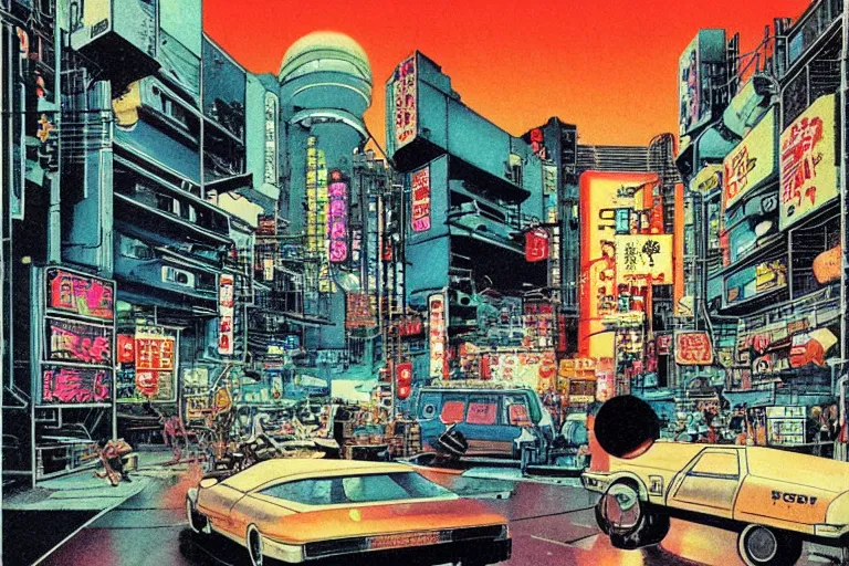 Image similar to 1 9 7 9 omni magazine cover of a fish delivery cart in neo - tokyo. art in cyberpunk style by vincent di fate