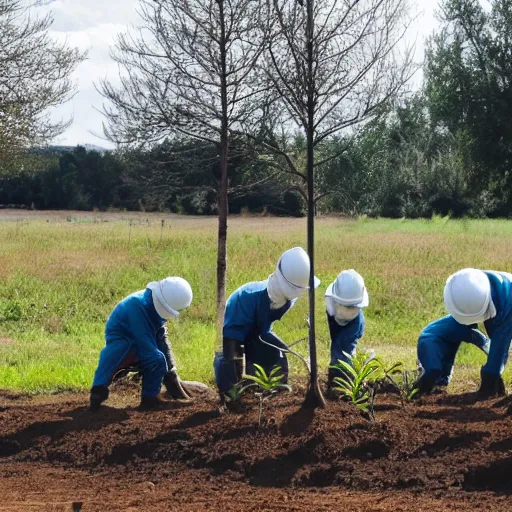 Image similar to a group of workers planting trees in a rural landscape with glowing clean white sci fi containment building in the distance