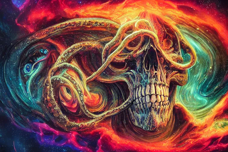 Image similar to a giant skull and flesh creature with deep and intricate rune carvings and twisting lovecraftian tentacles emerging from a space nebula by dan mumford, twirling smoke trail, a twisting vortex of dying galaxies, collapsing stars, digital art, photorealistic, vivid colors, highly detailed, intricate