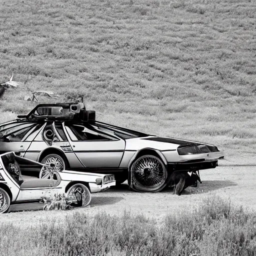 Prompt: a birdseye sepia photograph of a delorean in a line with covered wagons and cattle