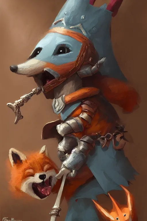 Image similar to cute little anthropomorphic foxy knight wearing a cape and a crown, tiny, small, miniature fox, baby animal, short, pale blue armor, cute and adorable, pretty, beautiful, DnD character art portrait, matte fantasy painting, DeviantArt Artstation, by Jason Felix by Steve Argyle by Tyler Jacobson by Peter Mohrbacher, cinematic lighting