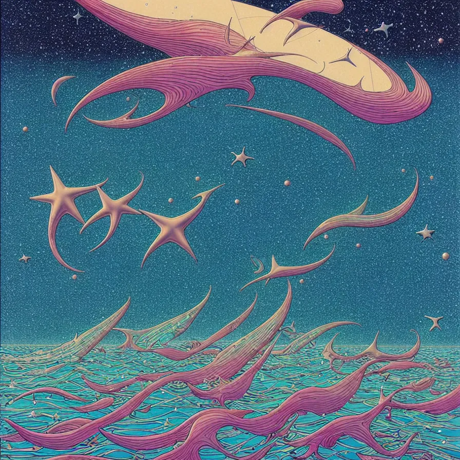 Image similar to ( ( ( ( shinning starry sky and sea, with decorative frame design ) ) ) ) by mœbius!!!!!!!!!!!!!!!!!!!!!!!!!!!, overdetailed art, colorful, artistic record jacket design