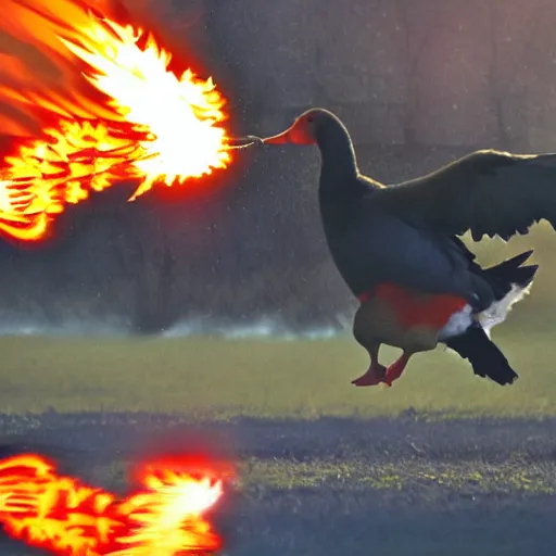 Prompt: fire breathing geese, geese spitting fire, fire from mouth, flame thrower