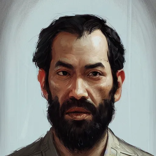 Prompt: portrait of a man by greg rutkowski, he is about 4 0 years old, mixture between vietnamese, persian and texan, receding hairline, beard, very tall and slender, he is wearing a utilitarian jumpsuit, highly detailed portrait, digital painting, artstation, concept art, smooth, sharp foccus ilustration, artstation hq