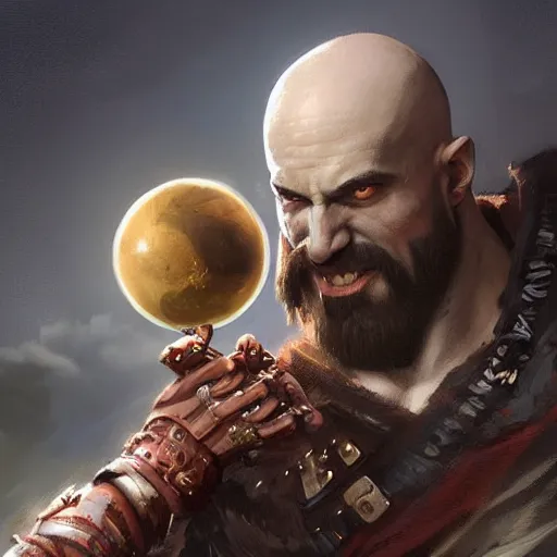 Prompt: Kratos holding a mini planet in his hands by greg rutkowski