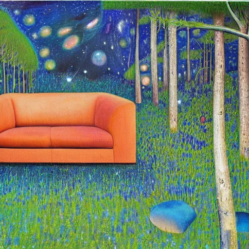 Prompt: psychedelic couch sofa in the lush pine forest, milky way, designed by arnold bocklin, jules bastien - lepage, tarsila do amaral, wayne barlowe and gustave baumann, cheval michael, trending on artstation, canada, star, sharp focus, colorful refracted sparkles and lines, soft light, 8 k 4 k