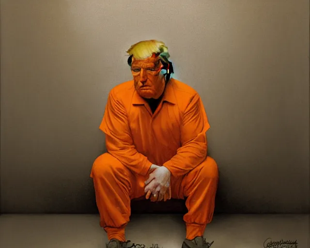 Image similar to a portrait of Donald trump sitting on the floor of a filthy jail cell lit by spotlight, dimly lit, wearing a orange jumpsuit in jail by craig mullins and norman rockwell, octane, 35mm photo,