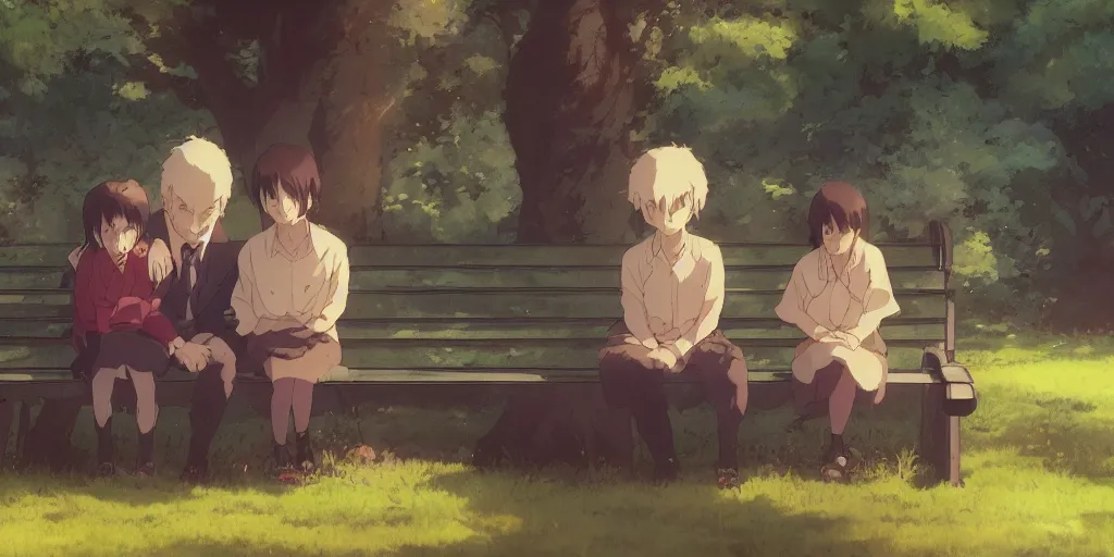 Image similar to a family with sorrow faces sitting on a bench, close up shot, anime art, Greg Rutkowski, studio ghibli, dramatic lighting