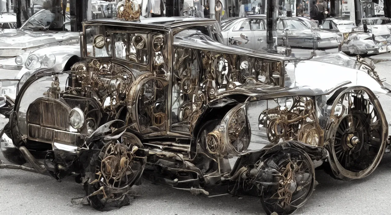 Prompt: a steampunk car with mirror windows