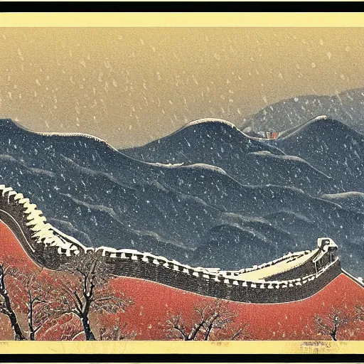 Image similar to The Great Wall, snowy day, Kawase Hasui