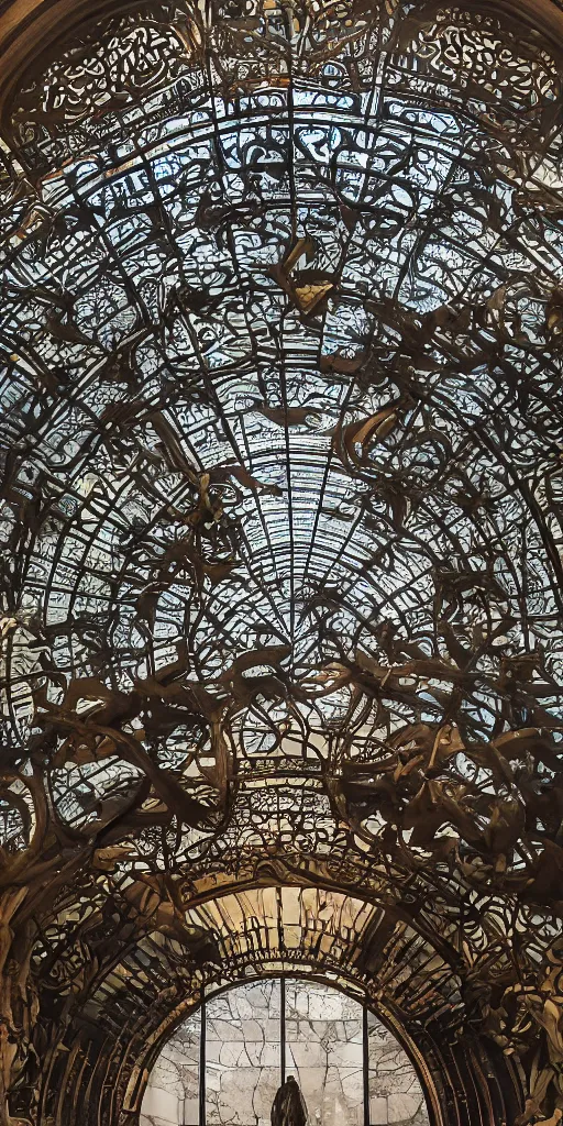 Prompt: a professional photograph of the revolving glass entryway to very beautiful beautiful modern department store by Louis Sullivan and H.R. Giger covered in obsidian and ironwork vines, deep crevices of stone, Chiaroscuro, layers of colorful reflections, rusticated stone base, rusticated stone base, rusticated stone base, crowds of people, crowds of people , Sigma 75mm, ornate, very detailed, Symmetrical composition, centered, intricate, panoramic, Dynamic Range, HDR, very chromatic aberration, Orton effect, 8k, painting by Jeremy Mann, cinematic, vignette, vignette, bokeh , atmospheric, trending on artstation