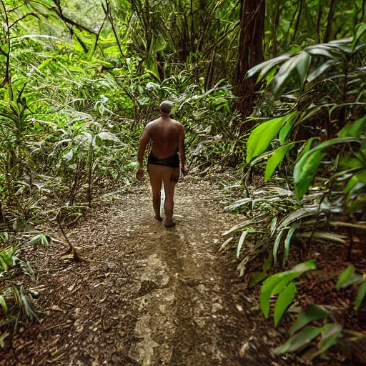 Prompt: george washington cave man, piercing eyes, walking towards camera in the jungle, wildlife camera