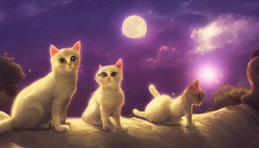 Image similar to cats on the hill looking at the stars in the sky together at night, moon and stardusts, hyperdetailed, artstation, cgsociety, 8 k