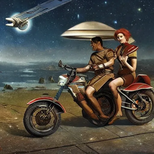 Image similar to STAR TREK motorbike designed in ancient Greece, (SFW) safe for work, photo realistic illustration by greg rutkowski, thomas kindkade, alphonse mucha, loish, norman rockwell