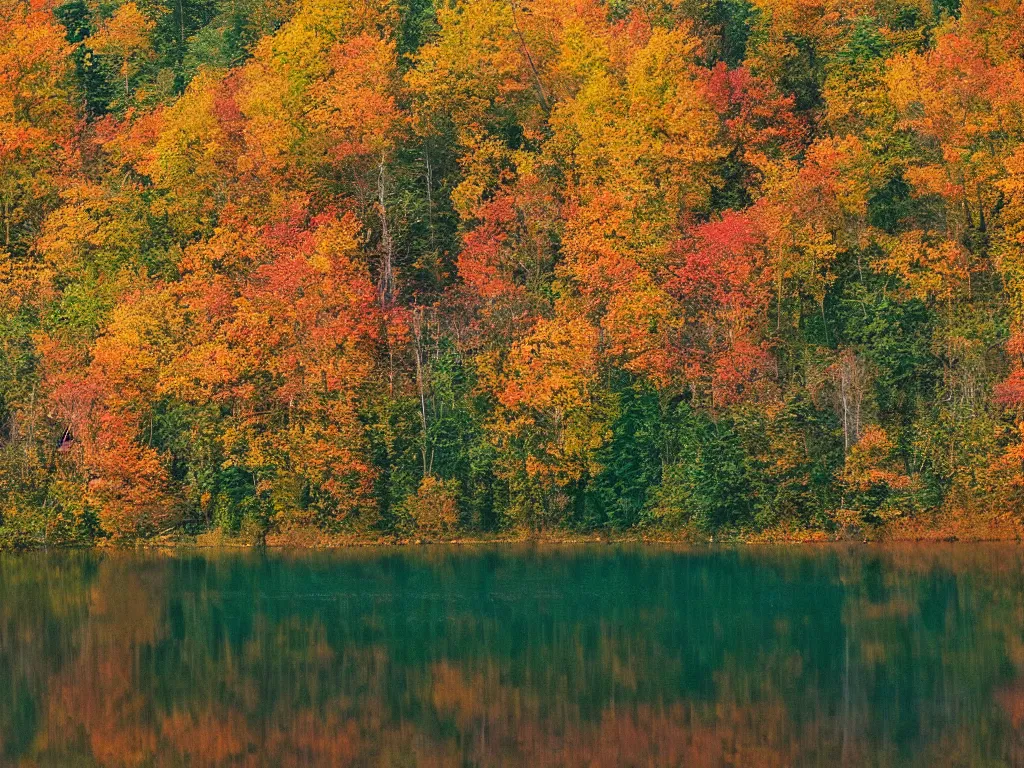 Prompt: a lake in the woods during autumn, photograph, color film