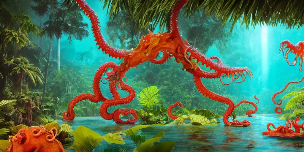 Image similar to of a tropical rainforest lake with strange cute friendly happy creatures with huge eyes, mouth, long tongue, round teeth and tentacles appearing from sandy coral, in the style of gehry and gaudi, macro lens, shallow depth of field, ultra detailed, digital painting, trending artstation, concept art, illustration, cinematic lighting, photorealism, epic, octane render