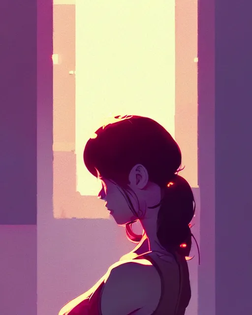 Image similar to neo - noir, hyper - realistic portrait of a girl in a tank top, intricate, 4 k, by atey ghailan, by greg rutkowski, by greg tocchini, by james gilleard, by joe fenton, by kaethe butcher, dynamic lighting, lighting color scheme, sharp focus, grunge aesthetic