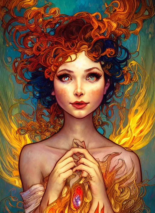 Image similar to Fire Goddess, hair made out of flames, ambient lighting, 4k, josephine wall, alphonse mucha, lois van baarle, ilya kuvshinov, rossdraws, artstation