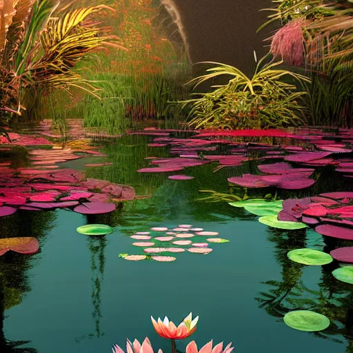 Image similar to by kilian eng rendered in cinema 4 d, indian ornate. a peaceful photograph that shows a pond with water lilies floating on the surface. the colors are soft & calming, & the overall effect is one of serenity & relaxation.