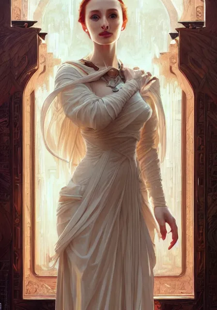 Prompt: sansa angeline jolie gessica chastain sea, intricate, elegant, highly detailed, digital painting, artstation, concept art, smooth, sharp focus, illustration, art by artgerm and greg rutkowski and alphonse mucha and william - adolphe bouguereau