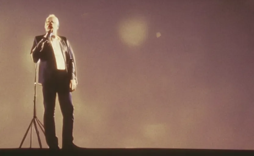 Image similar to a man standing in front of a microphone, a screenshot by david gilmour blythe, trending on cg society, retrofuturism, 1 9 9 0 s, y 2 k aesthetic, movie still