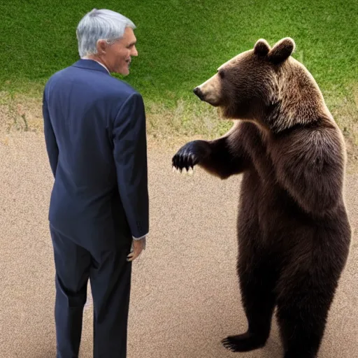 Image similar to Jerome Powell talking to a bear