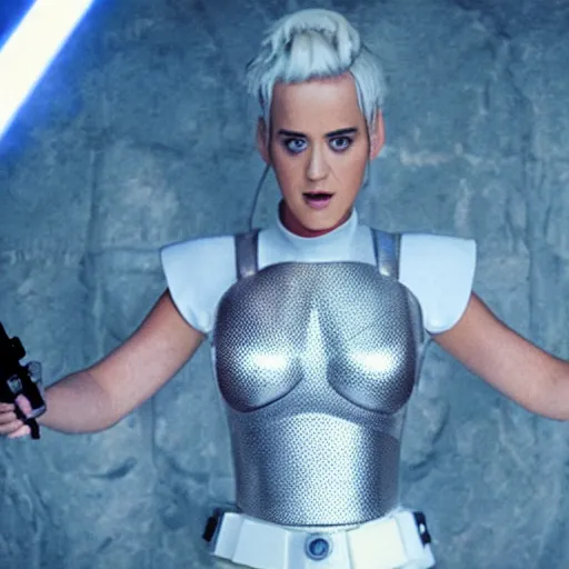 Prompt: movie still of katy perry as luke skywalker in star wars