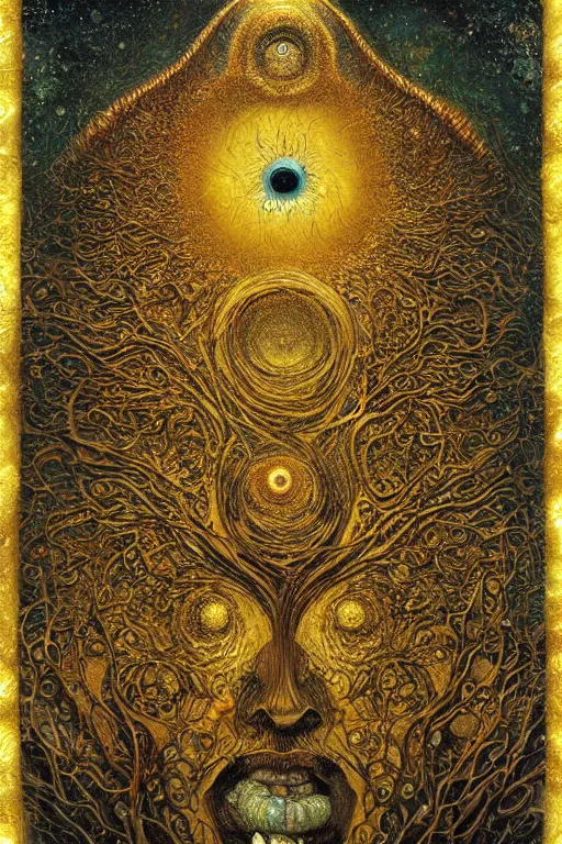 Prompt: The Ergot Spore by Karol Bak, Jean Deville, Gustav Klimt, and Vincent Van Gogh, otherworldly, fractal structures, arcane, prophecy, ornate gilded medieval icon, third eye, spirals