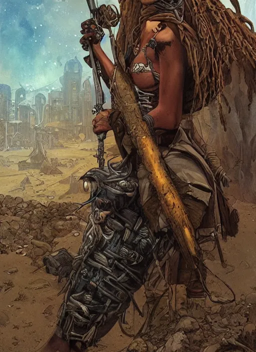 Image similar to hyper realistic photography portrait of postapocalyptic medieval religious occult african amazon cinematic, brom, moebius, juan gimenez